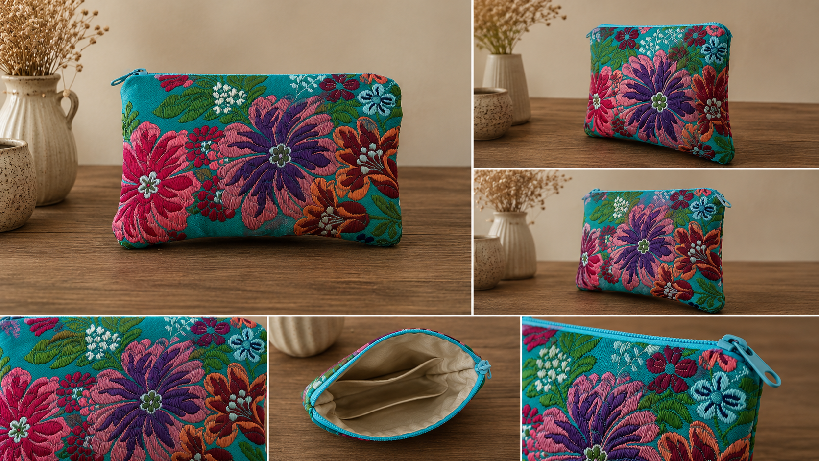 Neceser Artesanal Tela Fallera - Azul Turquesa con Bordado Floral